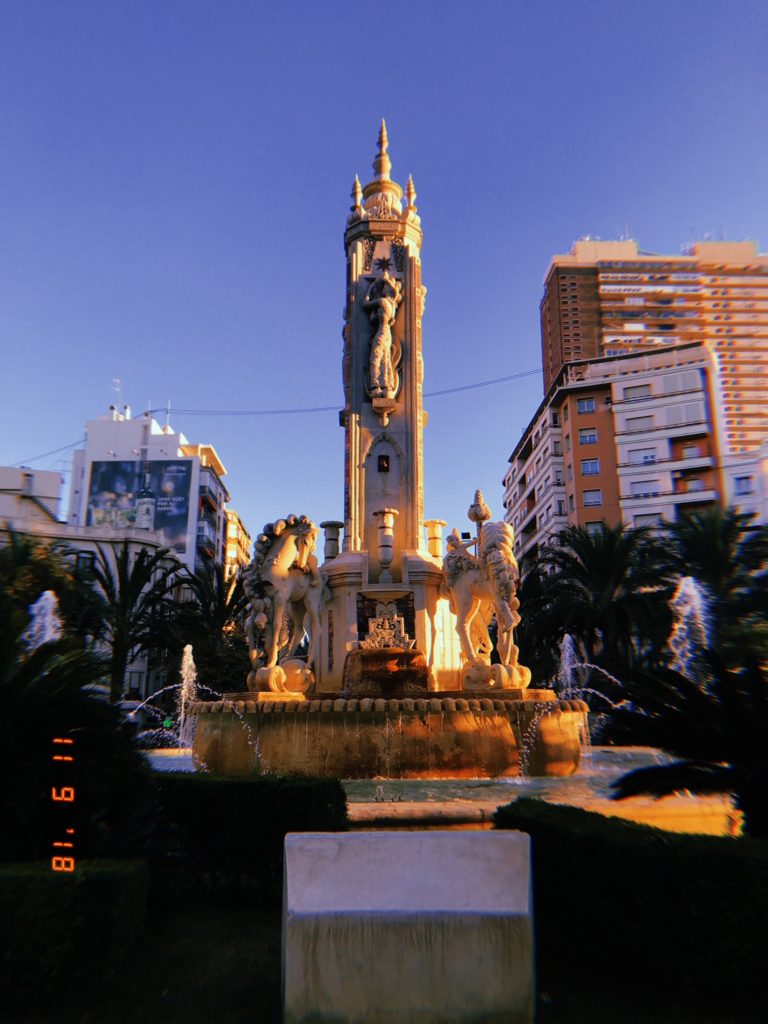 Plaza de Los Luceros glows in the Spanish sun. leave time in your Alicante Itinerary to enjoy the fountain, and to jump on the nearby trampoline. 