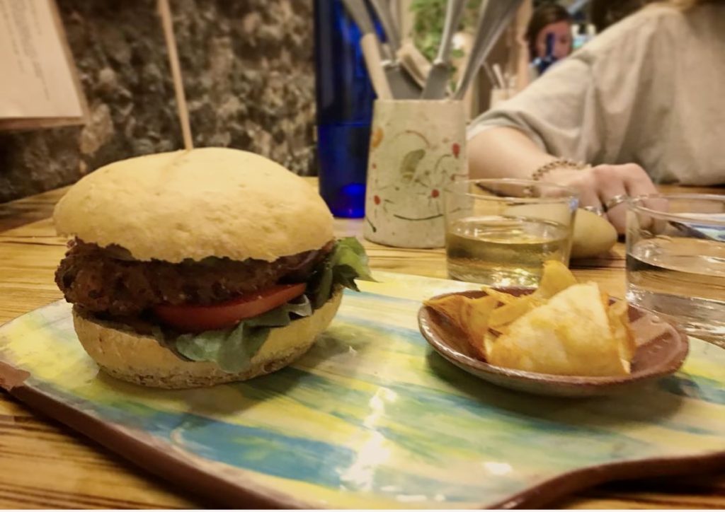 The Best Veggie burger around. Check out the vegan menu at La Encomienda. The eclectic restaurant offers delicious fare like this veggie burger. 