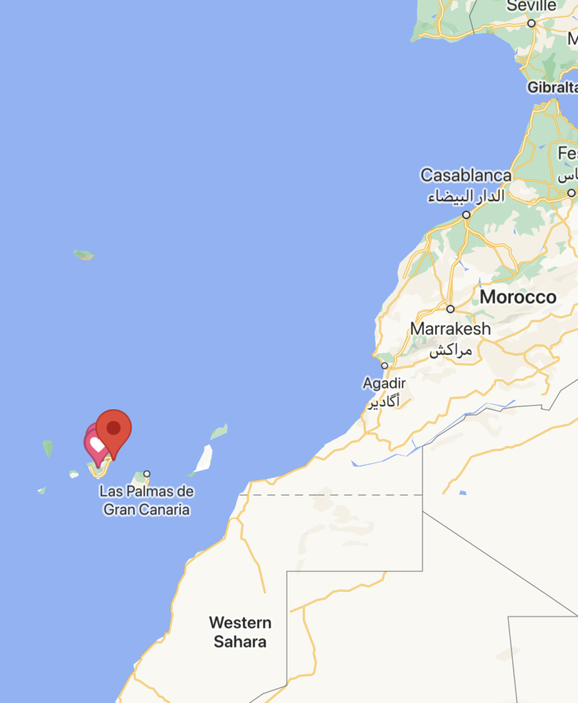 This screenshor of google maps shows the location of the Island of Tenerife. It is off the coast of Northern Africa and is a perfect place to spend 3 days.