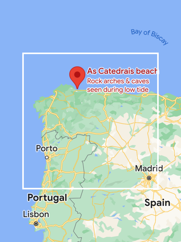 This map of Spain highlights the location of Playa de las catedrales