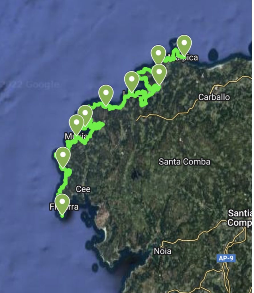 This map found on https://www.caminodosfaros.com/en/ outlines the ruta de faros around the coast of Galicia
