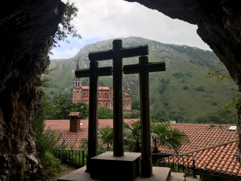 The three crosses of Covadonga Asturias provide a view of the beautiful landscapes and the Basilica of Covadonga