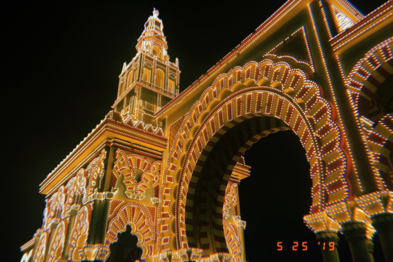 The elaborated gateway to La Feria de Córdoba is illuminated during the exciting week long festival. 