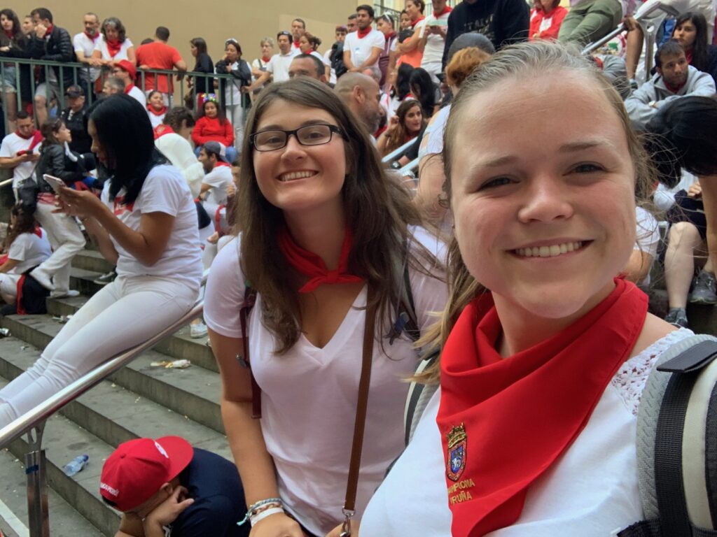 My friend and I are waiting at the barricades for the famous bull run of la Fiesta de San Fermín to begin. 