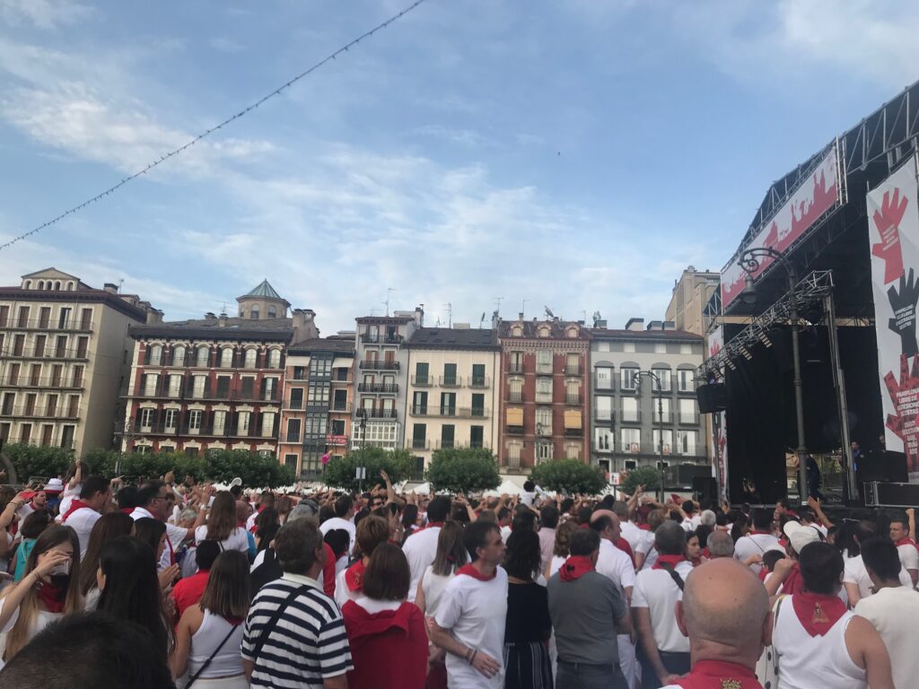 Stages, music, and people fill the Plazas of Pamplona during La Fiesta de San Fermín 